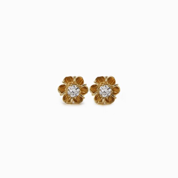 Diamond Flower Stud Earrings in 14K Yellow Gold